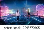 Small photo of Black Woman Wearing Virtual Reality Headset Enters Metaverse. VR Transformation: Female Looking in Wonder around Immersive 3D Sci-fi City, Futuristic Online World with AI Robots, Users, Fun Adventures