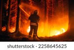 Small photo of Elite Firefighter Methodically Extinguishing a Large Forest Fire with High-Pressure Water Running From Firehose. Firemen Brigade Rescuing Wildland from Dangerous Uncontrollable Arson.
