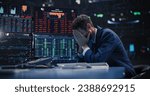 Small photo of Stressed Stock Exchange Trader Can't Apprehend a Sudden Stock Market Collapse. Financial Crisis Concept with Stock Broker Saddened by Negative Ticker Information, Red Graphs and Real-Time Data