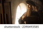 Small photo of Representation of Historical Era: Wide Portrait of the Genius Leonardo Da Vinci Painting his Muse and Creating a Masterpiece in his Art Workshop. Talented Renaissance Painter Practicing his Craft