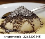 closeup of a traditional yeast dumpling with plum jam filling, served in vanilla sauce and poppyseed sugar, a delicious Bavarian-Austrian dessert specialty