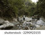 Small photo of buxa tiger reserve, alipurduar, west bengal, india - april 15, 2023 : rivulet of buxa river surrounded by dense vegetation