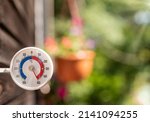 Outdoor thermometer with celsius scale shows extreme hot temperature 50 degree - summer heatwave concept
