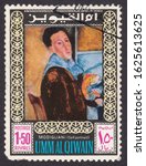 Small photo of UMM AL-QUWAIN - CIRCA 1967: stamp printed by Umm al-Quwain, shows Self portrait of the artist Amedeo Clemente Modigliani (1884-1920). Italian painter and sculptor, circa 1967