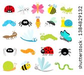 Insect icon set. Lady bug Mosquito Butterfly Bee Grasshopper Beetle Caterpillar Spider Cockroach Fly Snail Dragonfly Ant Lady bird Worm. Cute cartoon kawaii funny doodle character. Flat design. Vector