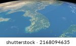 Peninsular region of Korea in Earth Planet. Aerial View. 3d rendering