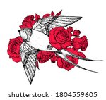 flying swallow in roses. hand... | Shutterstock .eps vector #1804559605