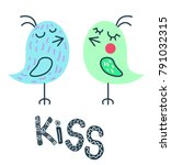 Hand Drawn "kiss" And 2 Birds...