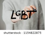 Small photo of Writing hand. Woman holds pen or marker and writing LGBT abbreviature