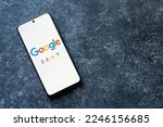 Small photo of Google E-E-A-T on phone screen, copy space. Quality Rater Guidelines update. Experience added. Swansea, UK - January 3, 2023.