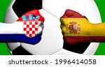 Flags of Croatia and Spain painted on two clenched fists facing each other with closeup 3D rendering football soccer ball in the background. Mixed media football match game concept