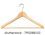 Wooden coat hanger / clothes hanger on a white background. Potential copy space above and inside hanger.