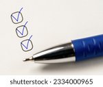 Small photo of three checkboxes. hand with pen writing check mark on Checklist. Cropped Hand Marking On Check Box on white paper. Completed tasks are ticked off on to do list. copy space
