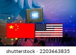 Small photo of Chip shortage and US-China trade conflict. Global chip shortage crisis and China-United States trade war concept. China flag and US flag on china map and hand holding computer chip on background.