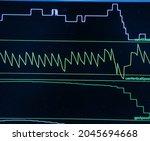 Small photo of light frequencies or bright equalizer. Oscillogram of the output signal. Radio measurements of high frequency currents.