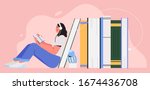 girl sitting near pile of books ... | Shutterstock .eps vector #1674436708