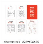 Set of 4 Square Mazes game puzzle printable for kids at varying levels of difficulty from easy to difficult with solutions - classic labyrinth ready for print- Vector - Set 0154
