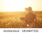 Back view portrait of young woman walking across golden field holding heap of rye and wearing straw hat lit by sunset light, copy space