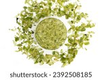 Small photo of Dried hops - pressed hop puck with hop leafs photographed on white background - Czech hops from the Zatec region - Czech Republic, Europe