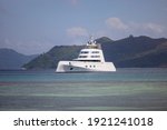 Expensive Russian stealth luxury super yacht moored off Curieuse island in the Seychelles