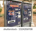 Small photo of LAS VEGAS, NEVADA, USA - FEBRUARY 2019: Electronic self service ticket machines for transit passes for buses on Las Vegas Boulevard, which is also known as "The Strip".
