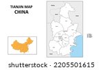Tianjin Map of China. State and district map of Tianjin. Administrative map of Tianjin with district and capital in white color.