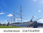 Small photo of Turku, Finland - May 15, 2022: Built in 1902, the frigate Suomen Joutsen is a museum ship moored in Turku's Aura River at the Forum Marinum.