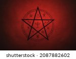 Small photo of Pentagram symbol painted on paper with black paint. Occult and esoteric symbols. Spell or black magic ritual. Red color.