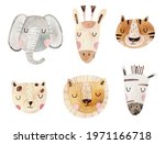 Watercolor Set Of Animal Faces...