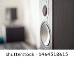 Home cinema bookshelf speaker hi-fi from side on view and focus on speaker