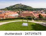 View from Mikulov Castle with Svaty Kopecek in the back and Mikulov Town below - Mikulov, Czech Republic