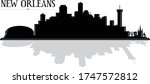 Modern black and white illustration skyline silhouette of the city of New Orleans Louisiana downtown buildings with super dome and reflection
