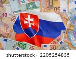 Mockup of Euro banknotes on flag Slovakia background. Different Euro banknotes frame. Business, finance, investment, saving and corruption concept of Slovakia