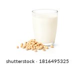 Glass of Soy milk with soybeans isolated on white background.