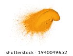 Flat lay (top view) of Turmeric (curcumin) powder on white background.