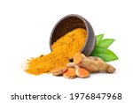 Small photo of Turmeric (Curcuma longa Linn) powder pouring from wooden bowl with rhizome (root) slices on white background.