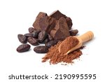Cocoa powder with cocoa beans and cocoa mass isolated on white background. 