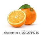 Fresh orange with cut in half and water droplets isolate on white background. Clipping path. 