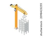 Architects and construction engineers isometric composition with pillar crane building house vector illustration