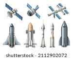 Spacecraft realistic set with isolated rocket satellite shuttle space station on white background vector illustration