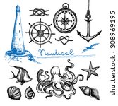 nautical symbols and sea life... | Shutterstock .eps vector #308969195