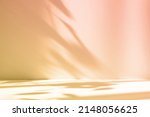Abstract pink color gradient studio background for product presentation. Empty room with shadows of window and flowers and palm leaves . 3d room with copy space. Summer concert. Blurred backdrop.