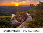 A beautiful sunset at Vyhlidka Maj (Viewpoint May). Meander of the river Vltava (Moldau) in Central Bohemia close to the Prague, Czech republic