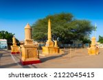 Blurred image of memorials at Tanot Mata Mandir at India Pakistan border in Thar desert. Ancient temple maintained by Indian soldiers to worship famous Goddess Tanot.