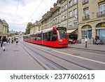 Small photo of Bern, Switzerland-September 21, 2023: City tramcar on Kornhausplatz in Old town