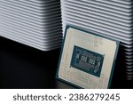 Small photo of odern personal computer processor – CPU, white metal radiator for cooling it. Heat dissipation, thermal conductivity and processor cooling. Socket LGA 1700. High-end cooling system. Photo. Close-up