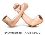 Small photo of Human arm wrestling competition in concept of feeble battle with strong isolated on white background with clipping path