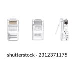 Small photo of RJ45 connectors on a white background. Registered Jack. Ethernet LAN. Connect network. Close-up.