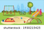 Childrenkids playground with a swing, slide, climbing ladder, sand box, bicycle and toys. 