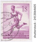 Small photo of AUSTRIA - 1959: 1 shilling lilac postage stamp depicting Runner. Running is a terrestrial locomotion in which people move quickly on foot. Running is associated with improved health and longevity
